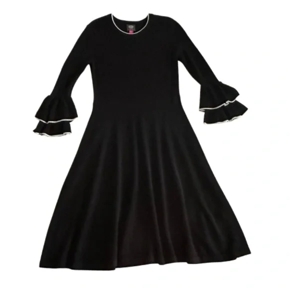 Vince Camuto Women S Black & White Sleeved Ruffled Fit & Flare Midi Knit Dress - Picture 4 of 13